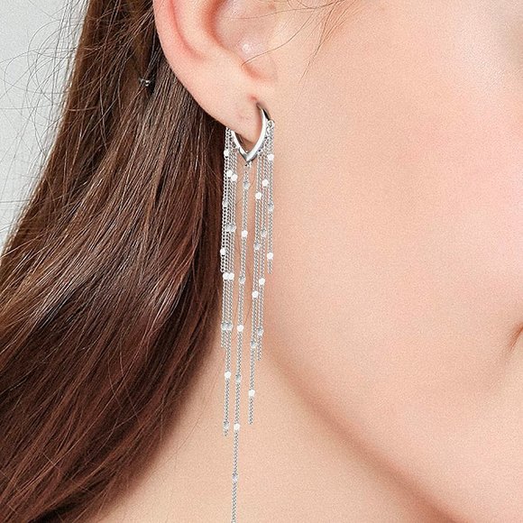 Long Tassel Chain Earrings for Women | 14K Gold Plated Rhineston Chandelier - Picture 3 of 6